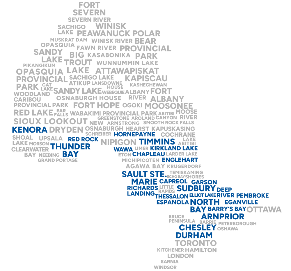 Word cloud map of communities in Ontario with those serviced by Northern and Copperfin Credit Unions indicated